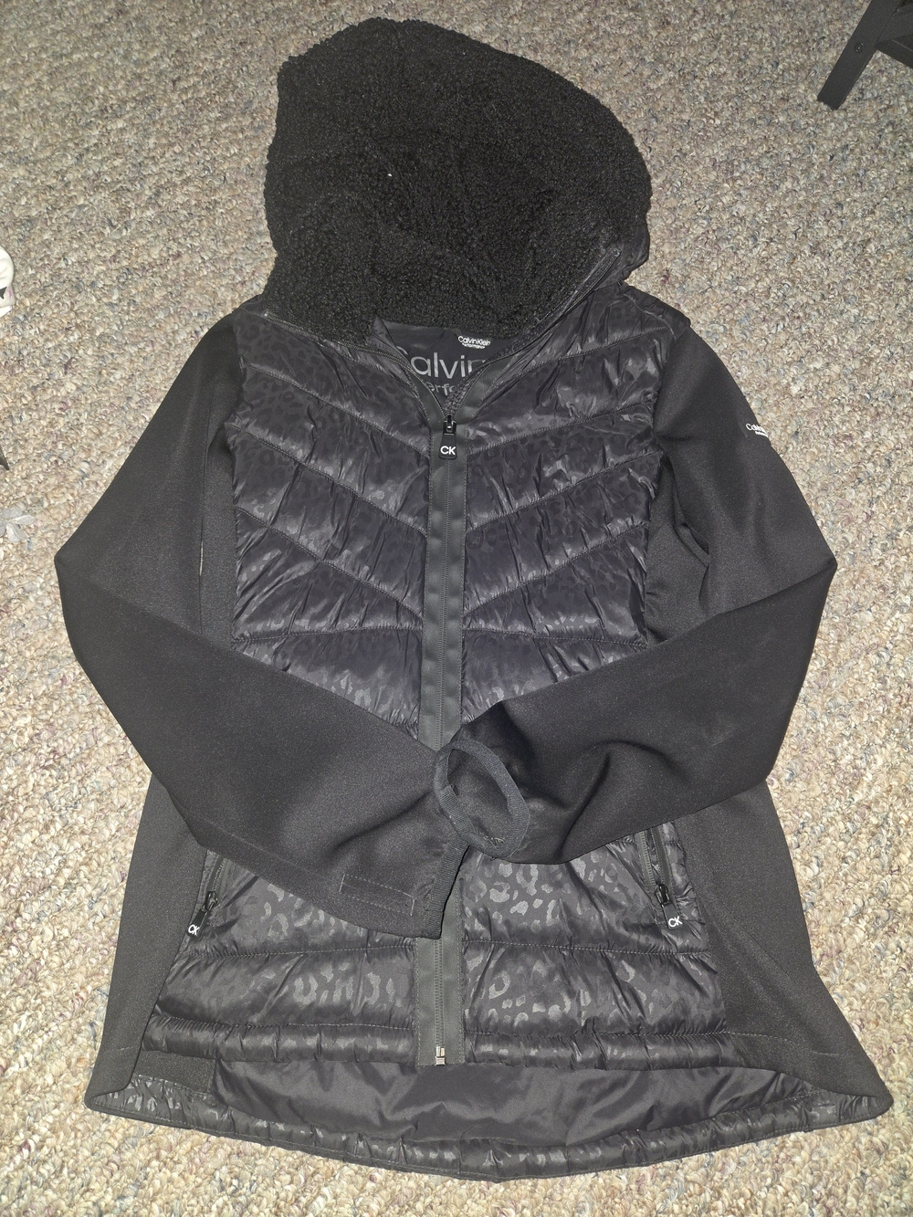 Calvin Klein Women's Black Hooded Black Leopard Print Jacket